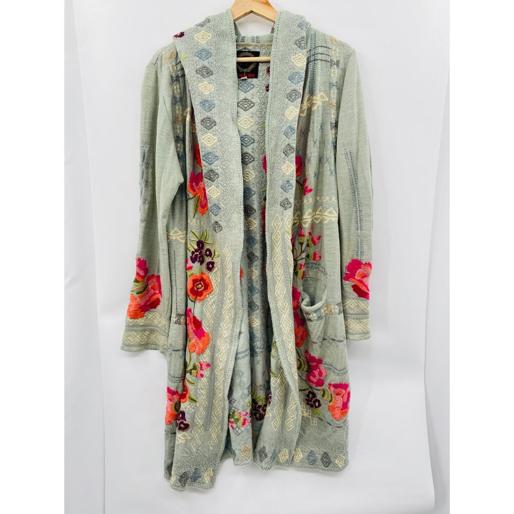 Johnny Was M light green embroidered knit duster cardigan